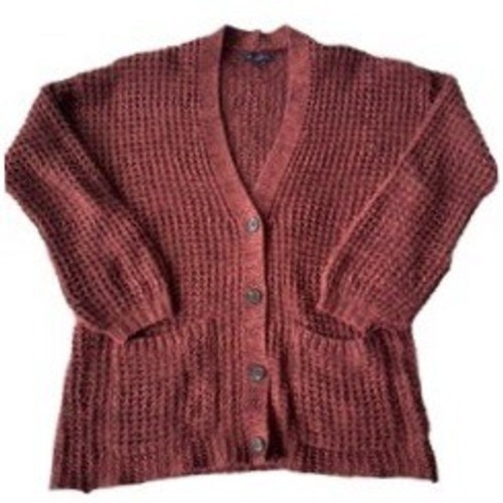 American Eagle Waffle Knit Cardigan Burgundy Button‎ Front Pockets Women's S